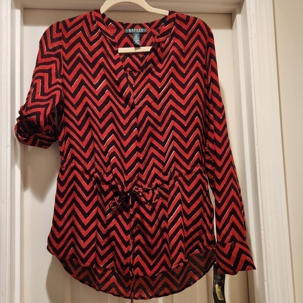 Lauren Ralph Lauren chevron tunic blouse tie waist gold detail NWT